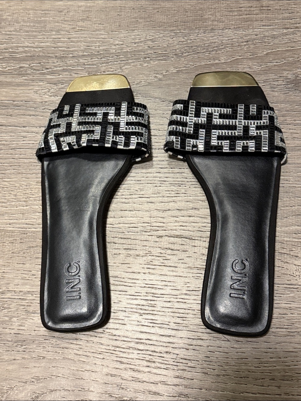 INC International Concepts Black Slide Mules with Silver Beaded Strap
